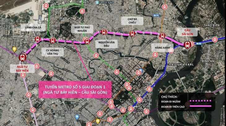 Sơ đồ hướng tuyến metro số 5 (giai đoạn 1) - Ảnh: Ban Quản lý đường sắt đô thị TP.HCM